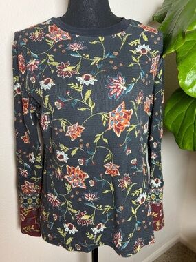 Sundance Women’s Navy Blue Floral Waffle Weave Pullover Long Sleeve Top Large
